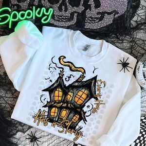 White Halloween Sweatshirt with Haunted House Design
